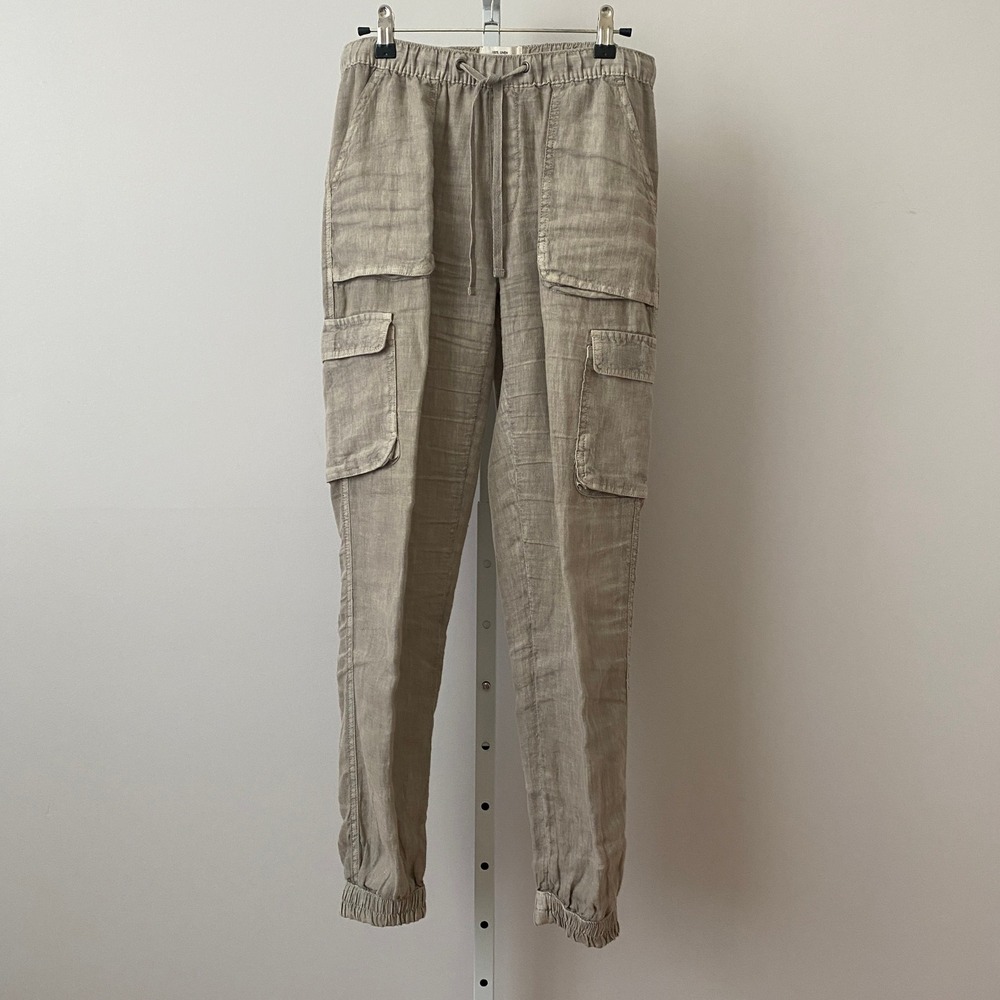 Nicole Miller Linen Boho Beachy Relaxed Sustainable Jogger Cargo Pants XS Tan